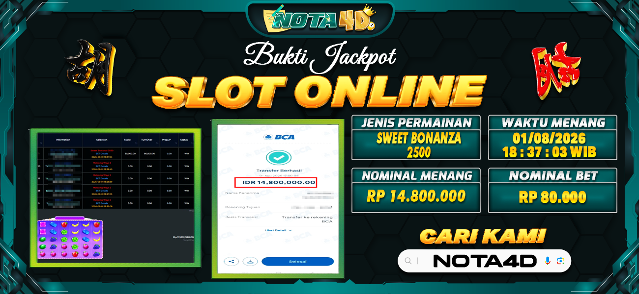 Bukti Kemenangan Besar Dibayar lunas Member NOTA4D RP 14.800.000, 1 Agustus 2026