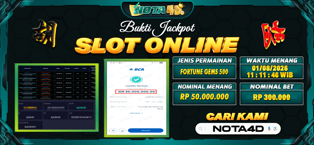 Bukti Kemenangan Besar Dibayar lunas Member NOTA4D RP 50.000.000, 1 Agustus 2026