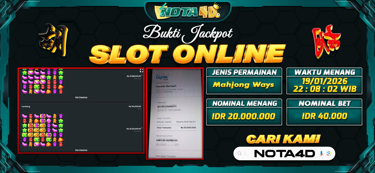 Bukti Kemenangan Besar Dibayar lunas Member NOTA4D RP 20.000.000, 19 Januari 2026