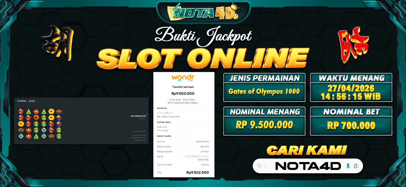 Bukti Kemenangan Besar Dibayar lunas Member NOTA4D RP 9.500.000, 24 April 2026