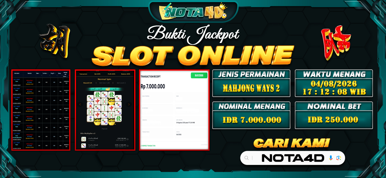 Bukti Kemenangan Besar Dibayar lunas Member NOTA4D RP 7.000.000, 4 Agustus 2026