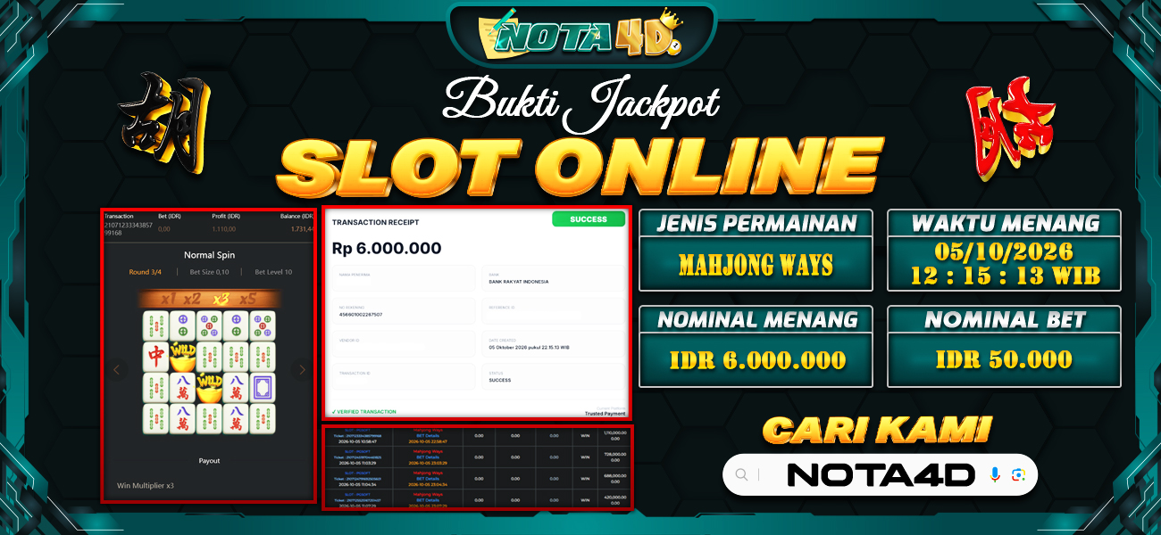 Bukti Kemenangan Besar Dibayar lunas Member NOTA4D RP 6.000.000, 5 Oktober 2026