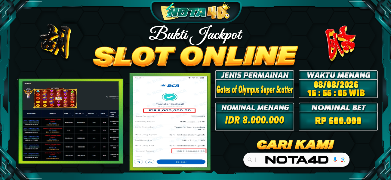 Bukti Kemenangan Besar Dibayar lunas Member NOTA4D RP 8.000.000, 8 Agustus 2026