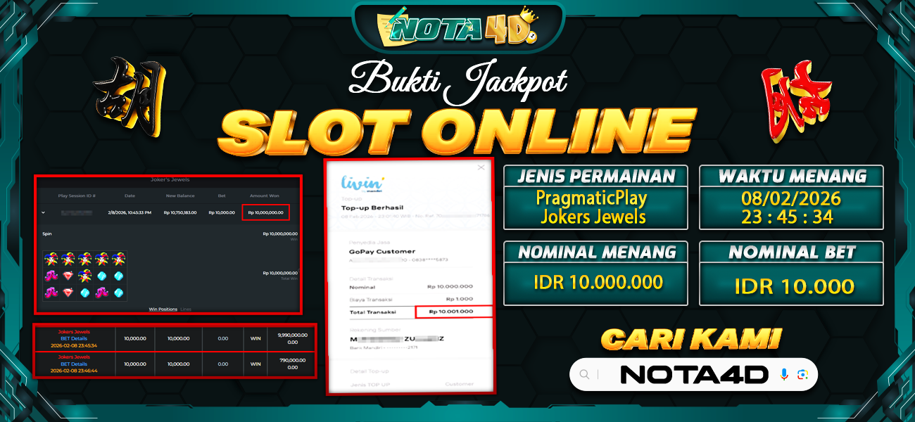 Bukti Kemenangan Besar Dibayar lunas Member NOTA4D RP 10.000.000, 8 Februari 2026