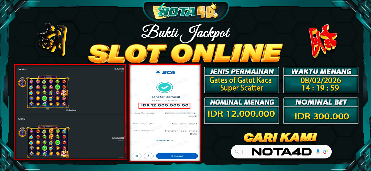 Bukti Kemenangan Besar Dibayar lunas Member NOTA4D RP 12.000.000, 8 Februari 2026