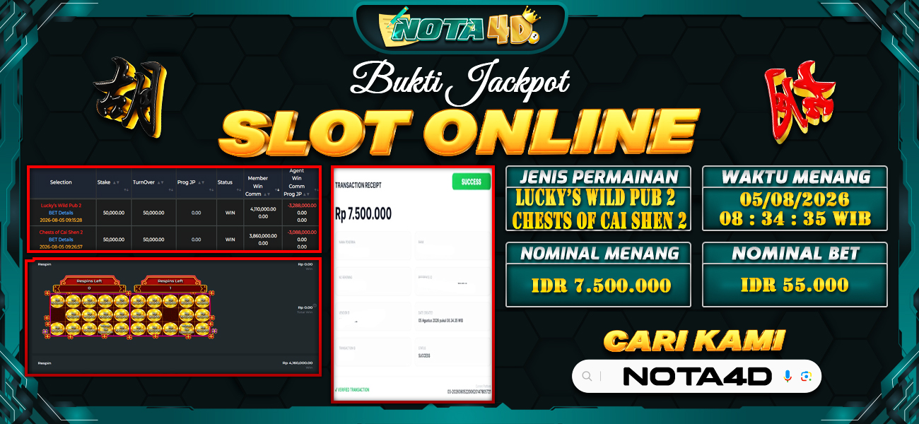 Bukti Kemenangan Besar Dibayar lunas Member NOTA4D RP 7.500.000, 5 Agustus 2026
